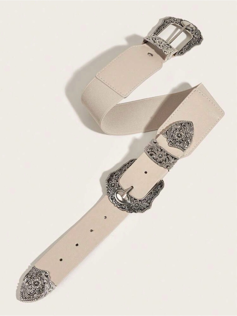 Beige Floral Double Buckle Western Belt - Picture 2 of 4